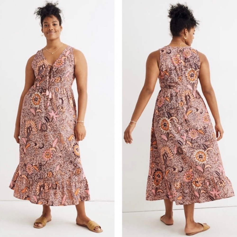 Madewell Lace Up Ruffle Hem Midi Floral Dress In Bali Petal Block Print